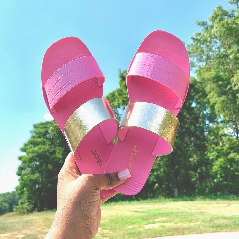 Pink & Gold Double Strap Sandal Slides